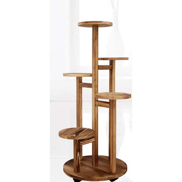 ITOPFOX 16.73 in. x 13.39 in. x 3.24 in. Indoor/Outdoor Walnut Pine 5-Tiered Tall Plant Stand with Wheels