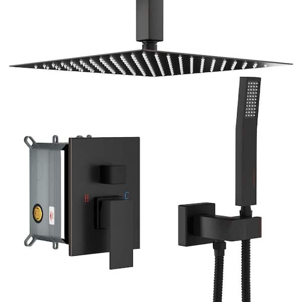 1-Spray Dual Shower Head Ceiling Mount Square Fixed and Handheld Shower Head 1.8 GPM in Oil-Rubbed Bronze Shower System