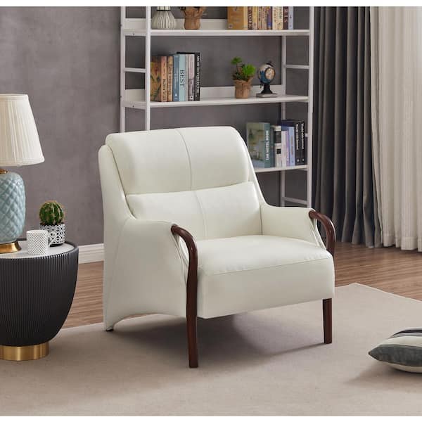 KINWELL White Leather Arm Chair with Wood Frame
