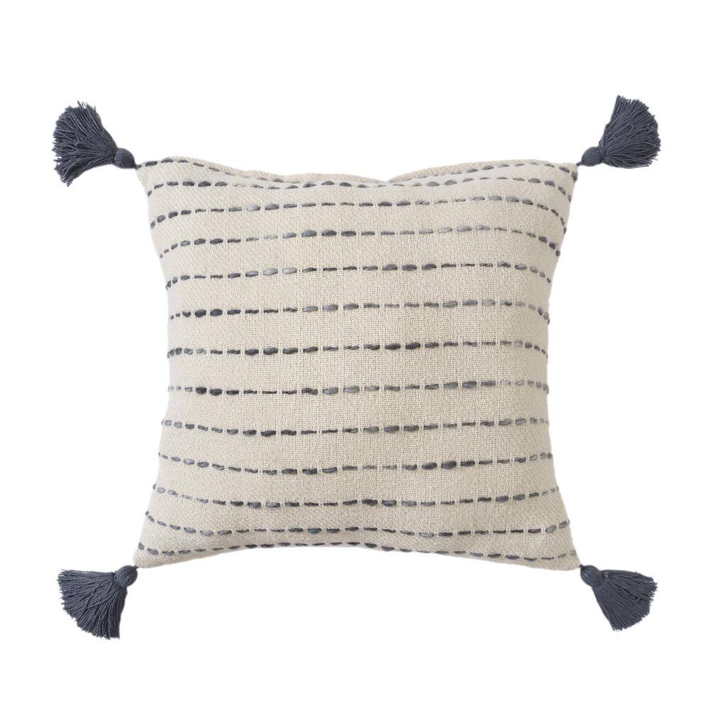 Black and Ivory Cotton Blend Tassel Throw Pillow