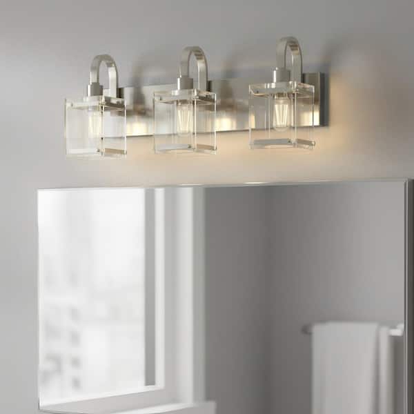 24 in. 3-Light Brushed Nickel Bathroom Vanity Light, Modern Clear Glass Vanity Lighting Wall Sconce for Bathroom Bedroom