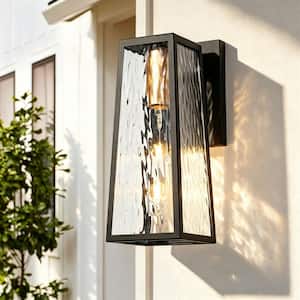 Modern 12 in. H 1-Light Black Outdoor Wall Sconce Sleek Square Wall Lantern with Satin Gold Accent and Water Glass Shade