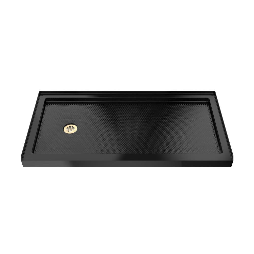 SlimLine 60 in. L x 30 in. W Alcove Rectangular Black Shower Pan Base with 2 in. Round Left Drain in Polished Brass price history on PriceWatchPro