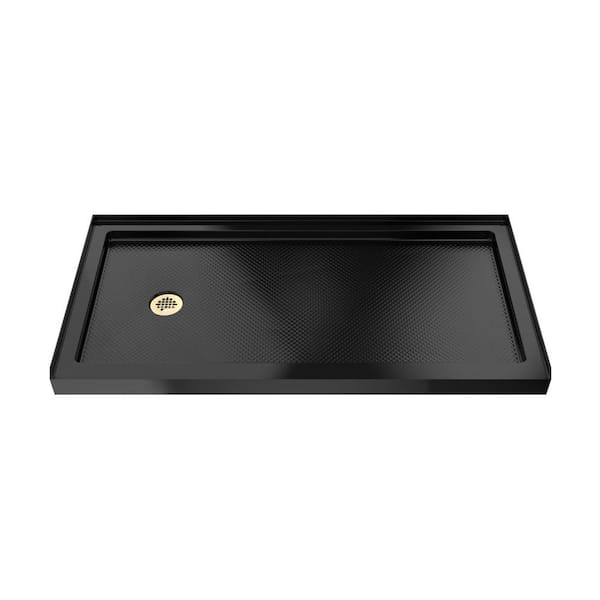 SlimLine 60 in. L x 36 in. W Alcove Rectangular Black Shower Pan Base with 2 in. Round Left Drain in Polished Brass