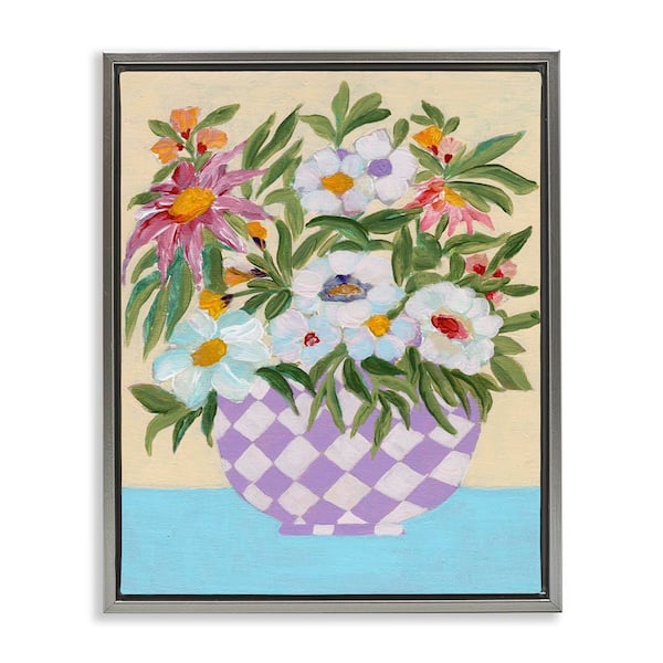 Stupell Industries Checkered Flower Pot by Nikita Jariwala Gray Floater Frame Nature Graphic Art Print 21 in. x 17 in.