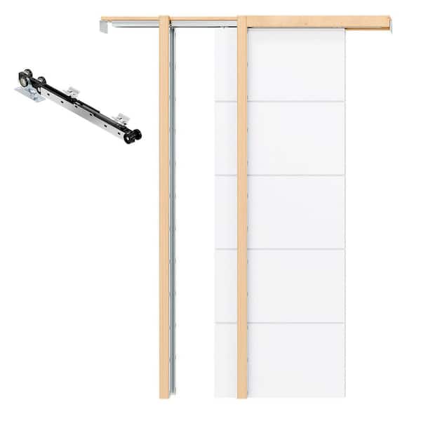 30 in. x 80 in. 5 Panel White UV Primed Particleboard Core Interior Door Slab with Pocket Door Frame Kits and Soft Close