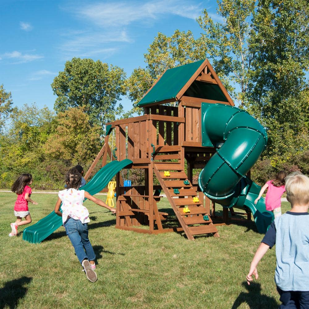 Denali Tower Wooden Playset with Green Slides and Swings