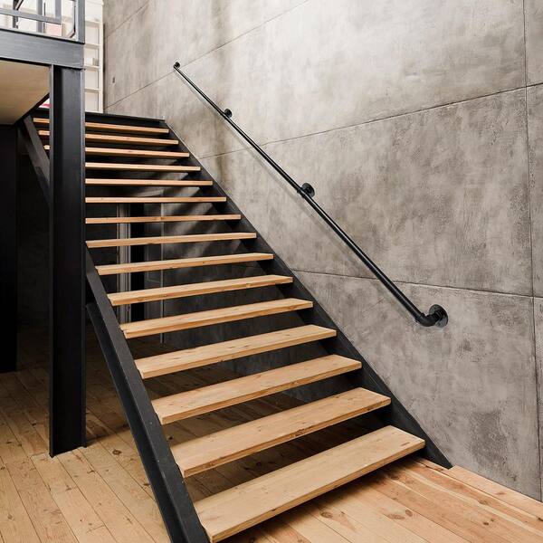 12FT Square Tube Handrail - Wall Mount Industrial Stair Railing With 440lbs Capacity, 4 Sections Matte Black