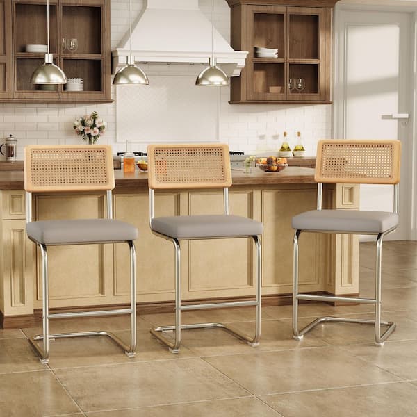 26 in. H Gray Rattan-Back Stainless Steel Bar Stool with PU Leather Seat