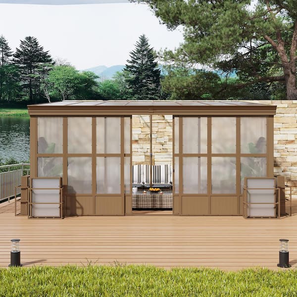 Mondawe 12 ft. x 16 ft. Brown Outdoor Aluminum Frame Polycarbonate Roof Wall Mounted Solarium