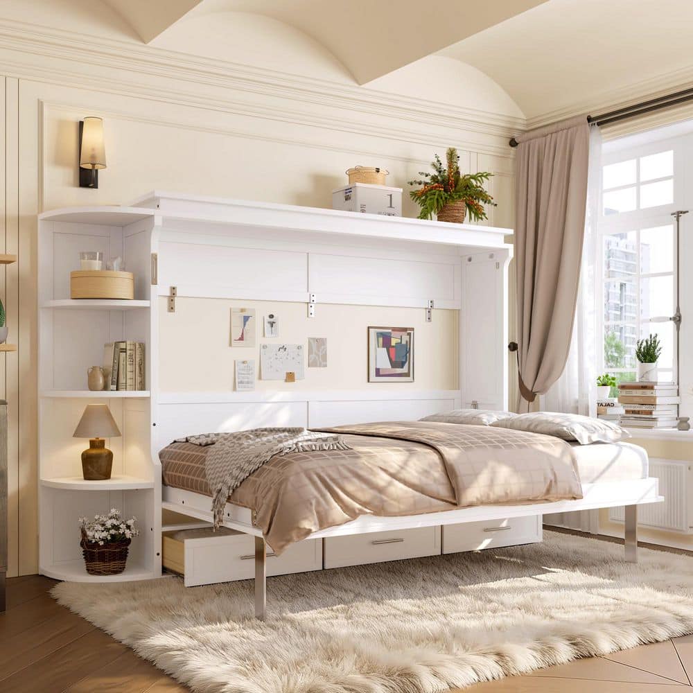 White Wood Frame Full Size Murphy Bed with Open Shelves and Storage Drawers price history on PriceWatchPro