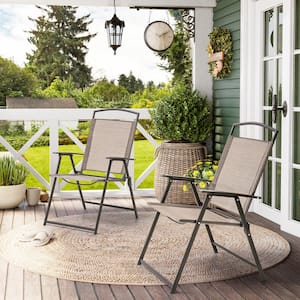 Folding Metal Outdoor Dining Chair in Beige (Set of 2)