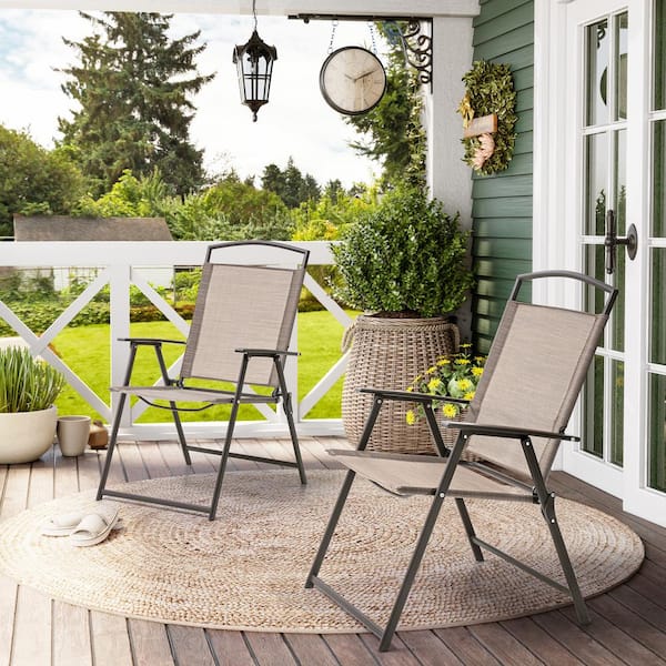 Crestlive Products Folding Metal Outdoor Dining Chair in Beige (Set of 2)