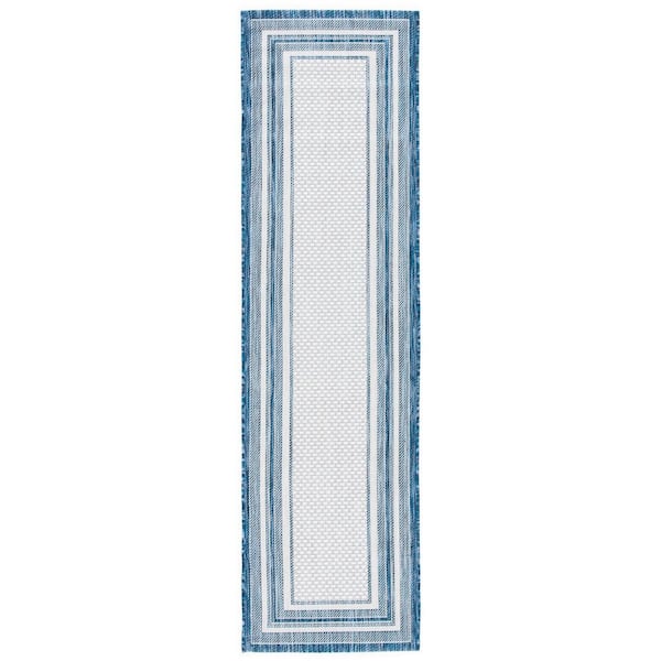 Courtyard Ivory/Navy 2 ft. x 22 ft. Solid Color Striped Indoor/Outdoor Runner Rug