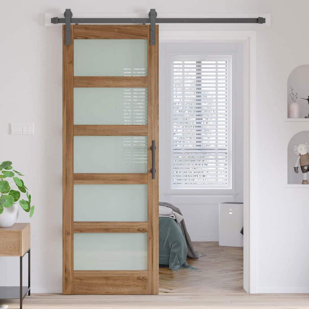 32 in. x 84 in. 5-Lite Tempered Frosted Glass Brown Finished Solid Core MDF Sliding Barn Door with Hardware Kit price history on PriceWatchPro