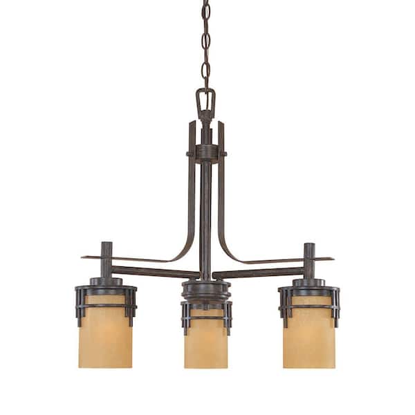Designers Fountain Mission Ridge 3-Light Warm Mahogany Chandelier with Goldenrod Glass Shades For Dining Rooms