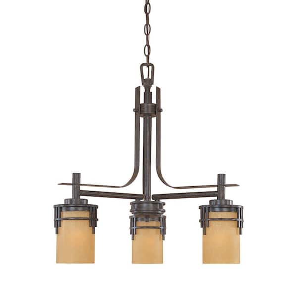 Mission Ridge 3-Light Warm mahogany Mission Shaded Chandelier for Dining Areas with No Bulbs Included