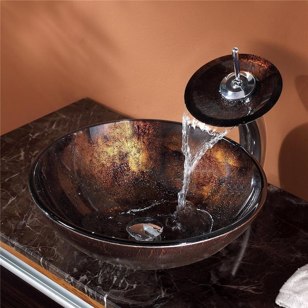 Multi-Color 16.5 in. Round Vessel Bathroom Sink in Brown Glass with Waterfall Faucet in Chrome