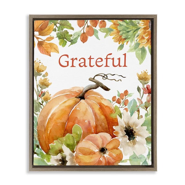 Stupell Industries Grateful Pumpkins and Flowers Leslie Trimbach 1 Piece Floater Frame Graphic Print Typography Art Print 21 in. x 17 in.