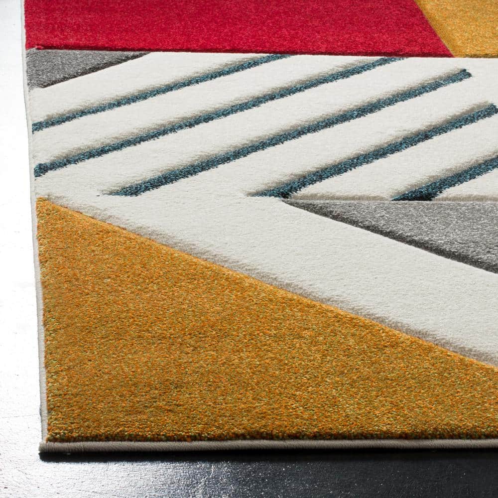 Ivory and Peacock Blue Geometric Mid-Century Modern Area Rug