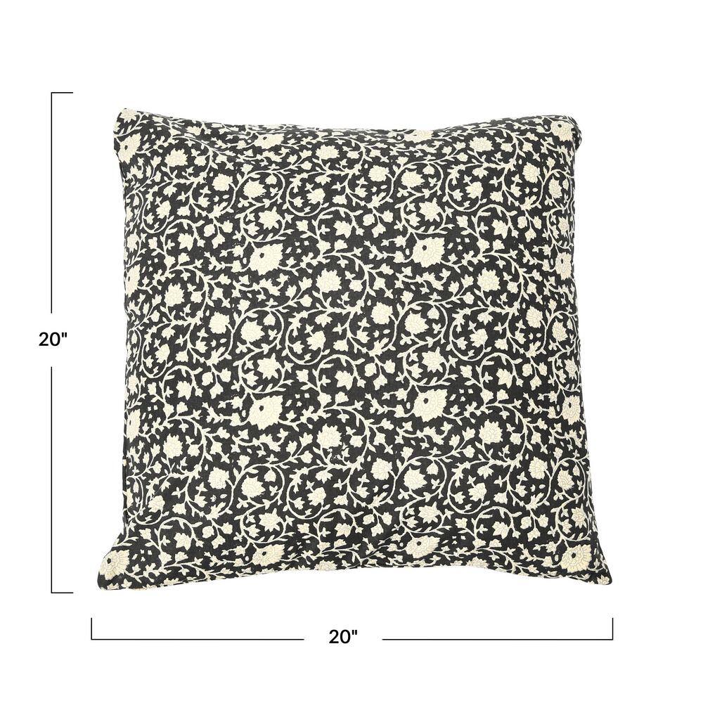 Vintage Black and White Floral Cotton Throw Pillow