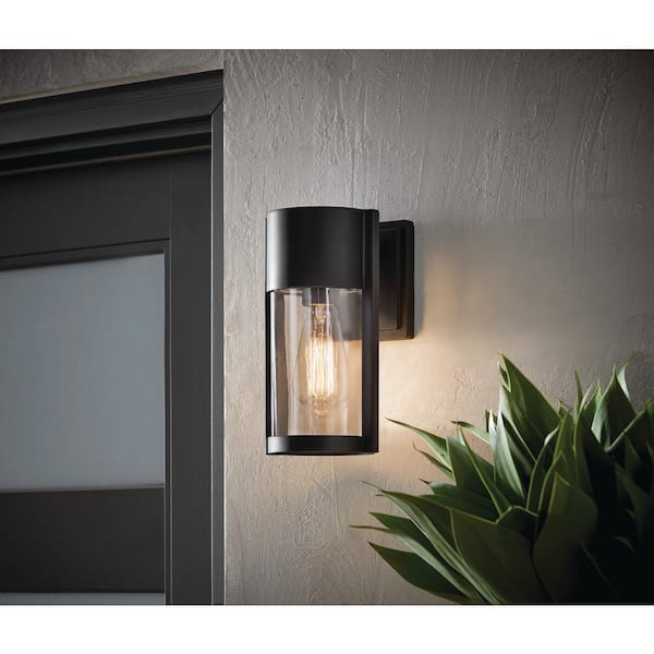 Kempster 9.92 in. Modern 1-Light Matte Black Cylinder Outdoor Wall Light Sconce with Clear Glass