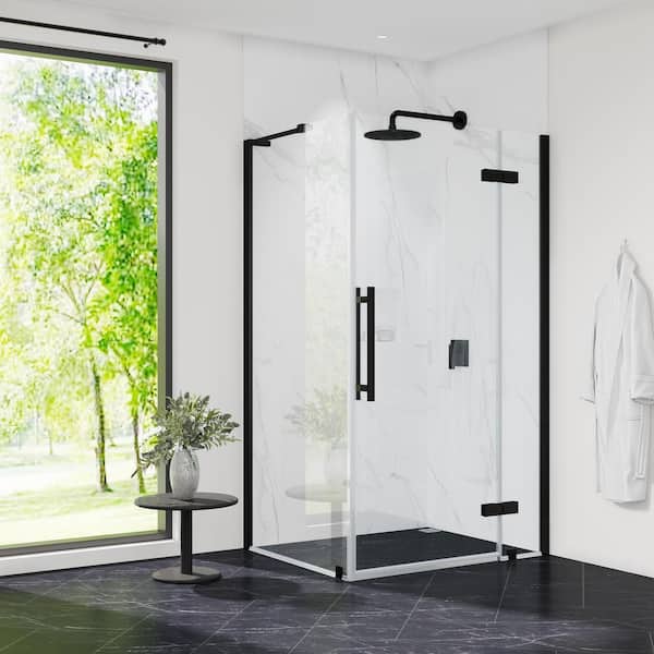 OVE Decors Tampa 36 7/8 in. W x 72 in. H Rectangular Pivot Frameless Corner Shower Enclosure in Black