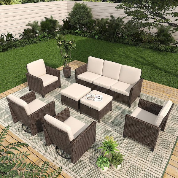 Brown 7-Piece Wicker Patio Conversation Set with 3-Seat Sofas, Swivel Rockers, Ottoman, and Olefin Beige Cushions
