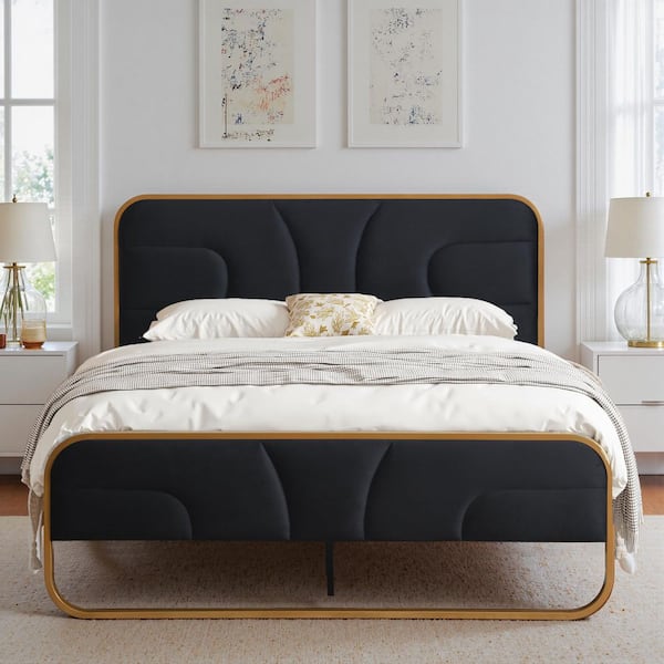 Ahokua Black Frame Full Size Soft Velvet Platform Bed with 10 in. Under Bed Storage Supported by Metal and Wooden Slats