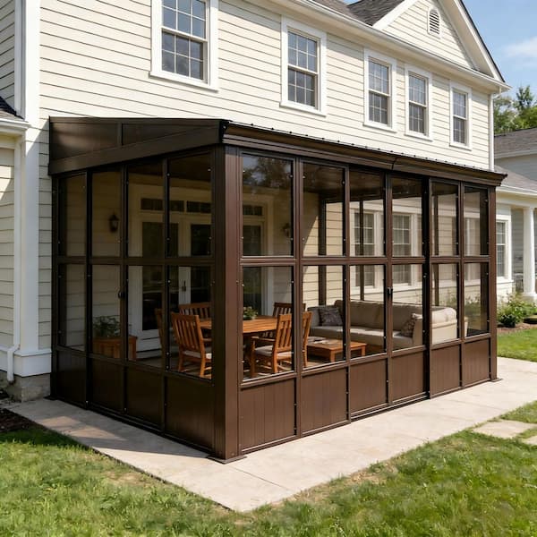 8 ft. x 12 ft. Brown Wall-Mounted Aluminum Frame Sunroom with Galvanized Steel Sloped Roof and Sliding Doors