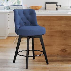 Rowland 26.5 in Seat Height Navy Blue Upholstered Fabric Counter Height Solid Wood Leg Swivel Bar stool（Set of 1）