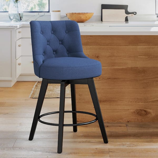 OrangeOne Rowland 26.5 in Seat Height Navy Blue Upholstered Fabric Counter Height Solid Wood Leg Swivel Bar stool（Set of 1）