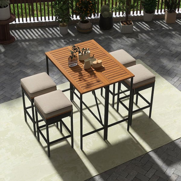 Boosicavelly Brown 5-Piece Wicker Acacia Wood Bar Height Outdoor Dining Set with Foldable Table and Beige Cushions