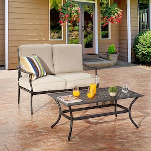 2-Piece Metal Patio Conversation Deep Seating Set with Beige Cushions