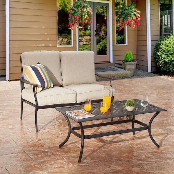 Patio Festival 2-Piece Metal Patio Conversation Deep Seating Set with Beige Cushions