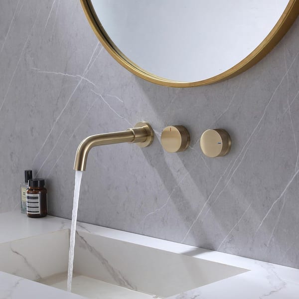 Wall Mount Bathroom Faucet with Double Handle, 3-Hole Design for Sink or Tub Brushed Gold Finish