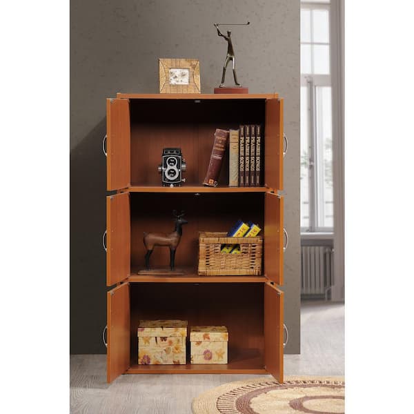 HODEDAH 41 in. Cherry Wood 3-shelf Standard Bookcase with Doors