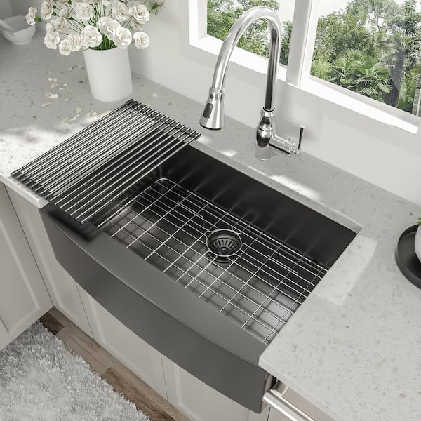 30 in. Farmhouse Single Bowl 16 Gauge Gunmetal Black Stainless Steel Kitchen Sink with Bottom Grid