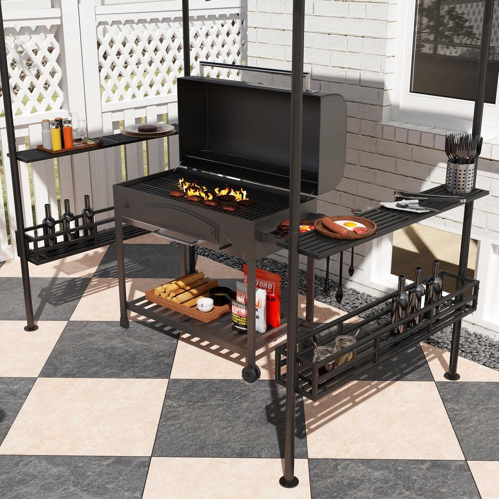 Dark Gray Steel 8' x 5' Outdoor BBQ Grill Gazebo with Shelves