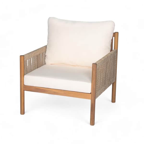 Extra Wide Outdoor Lounge Chair with Solid Wood Frame and Thick Cushions, Woven Arm Chair for Patio Garden Balcony, Teak