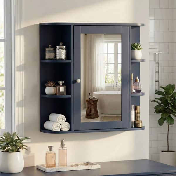 Blue 26 in. W x 24.75 in. H Rectangular Medicine Cabinet with Mirror, Adjustable Wood Shelves and 6 Open Side Shelves