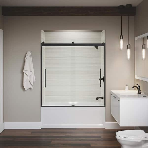 KOHLER Elmbrook 55-60 in. W x 62 in. H Sliding Frameless Bathtub Door in Matte Black with Crystal Clear Glass