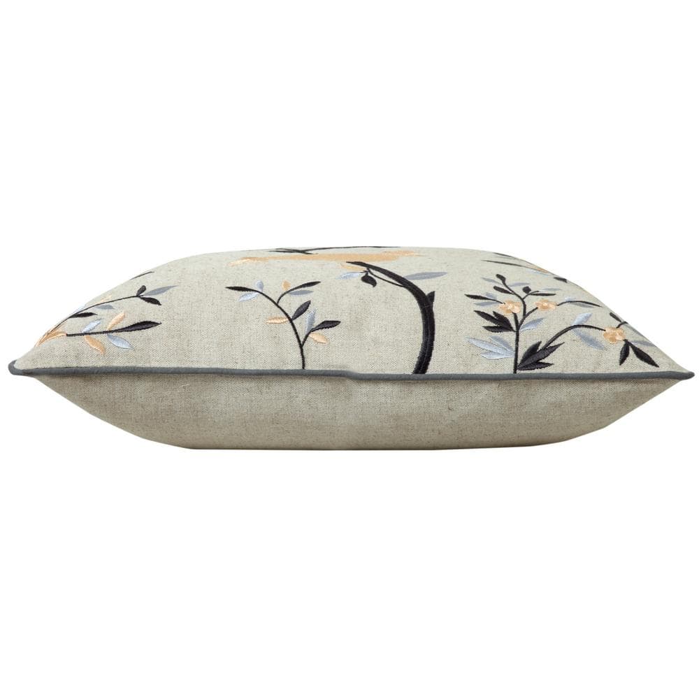 Beige and Blue Embroidered Botanical Bird 20" Square Pillow