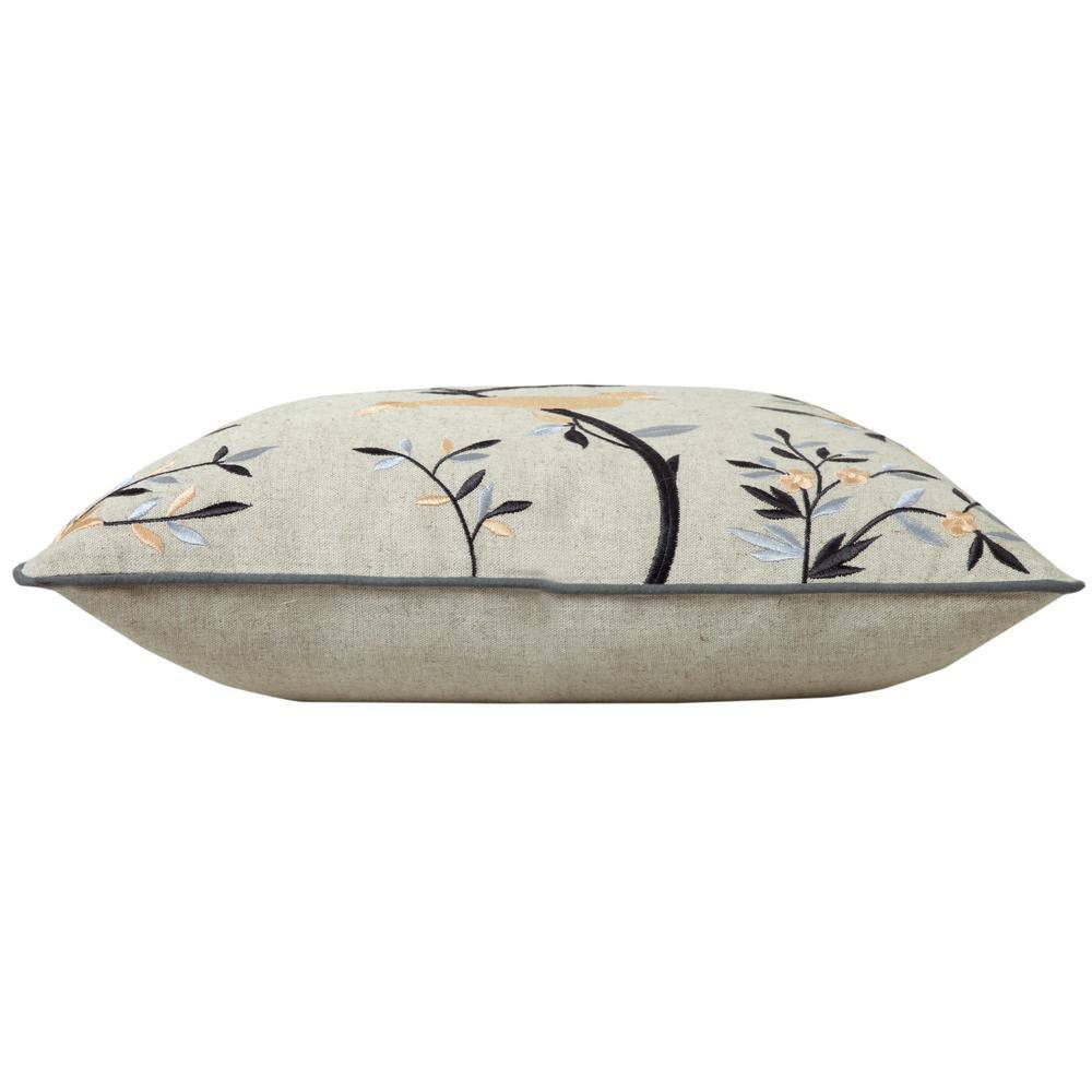 Beige and Blue Embroidered Botanical Bird 20" Square Pillow