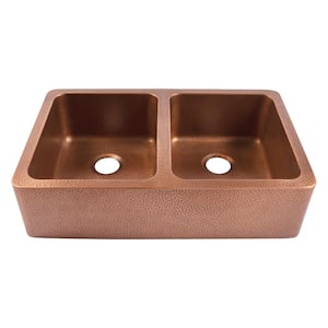 Adams 36 in. Farmhouse Apron Front Undermount Double Bowl 16-Gauge Antique Copper Kitchen Sink with Bronze Faucet Kit