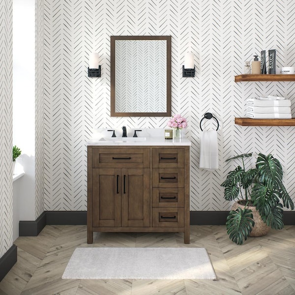 OVE Decors Tahoe 36 in. W x 21 in. D x 34 in. H Single Sink Bath Vanity in Almond Latte with White Engineered Marble Top