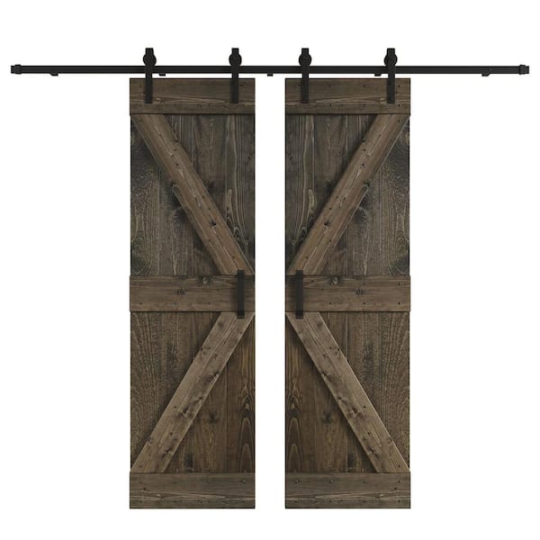 COAST SEQUOIA INC K Series 60 in. x 84 in. Aged Barrel DIY Knotty Wood Double Sliding Barn Door with Hardware Kit