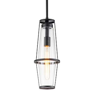 1-Light Black Indoor Outdoor Pendant Light with Clear Glass Shade