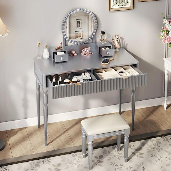 codman silver dressing table and stool American Style Solid Wood Dressing Table High-End Gray Gold Makeup Table Stool Combination