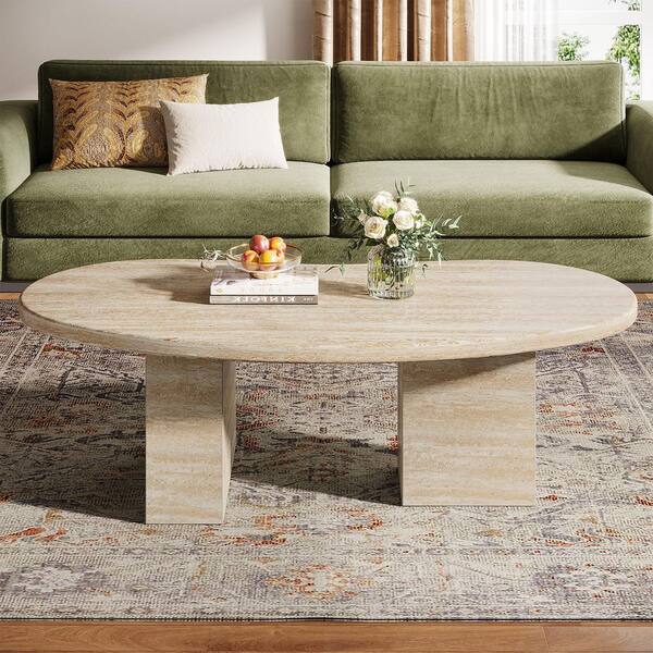 BYBLIGHT Allan 45 in. Oak Oval MDF Coffee Table with Asymmetric